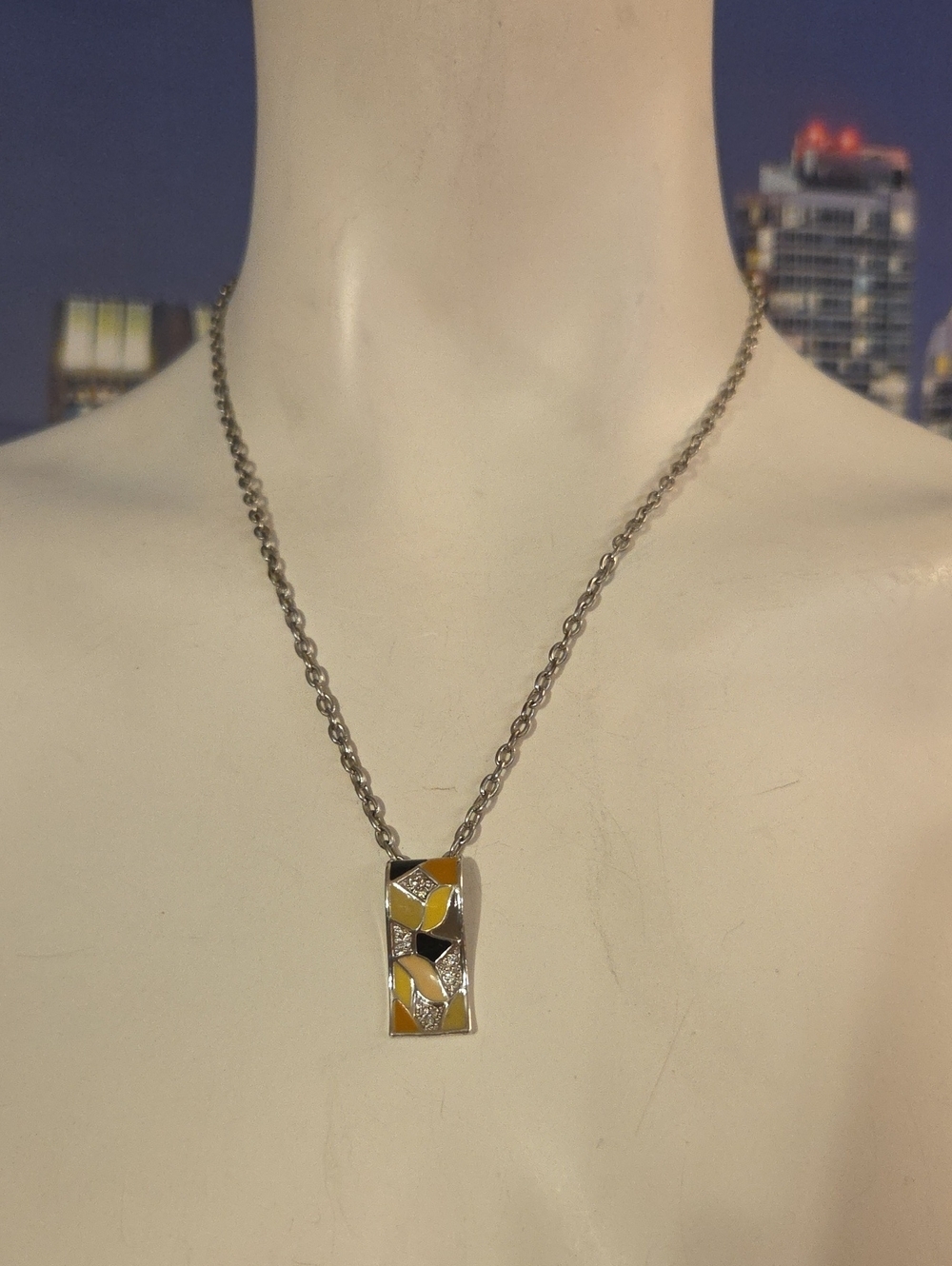Silver Tone Necklace with Yellow & Black Enamel Pendant Geometric [1495